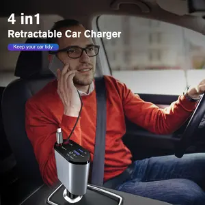 4-in-1 Fast Car Charger ,66W Fast Charging with 2 Retractable Phone Charger Cables (Type-C and iOS), 2 Ports (USB-A and USB-C),Compatible for Phone More