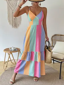 Striped & Floral Printed Ruffle Trim Decorated Cami Sundress
