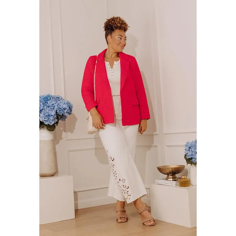 Boho Chic Crochet Blazer in Raspberry Curves