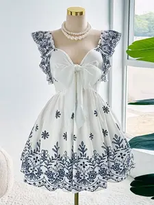Plus Size Women's A-Line Lantern Sleeve Woven Floral Dress, Vacation Style, Spring & Summer Fashion, Elegant Bow Front Design, Comfortable Fit