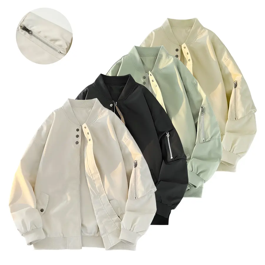 Men’s stand collar aviator jacket with zip cuffs and pockets, loose casual windproof streetwear lightweight outerwear