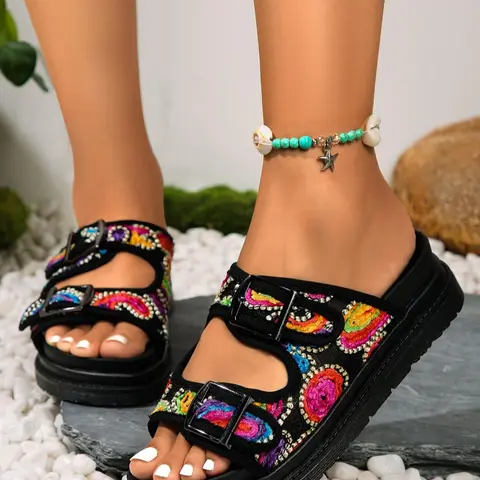 Women's Fashionable Ethnic Pattern Design Platform Sandals, Trendy Sandals, Casual Comfortable Boho Sandals for Summer, Female All-match Round Toe Shoes for Daily Wear, Girl, Fashionable Comfy Sandals