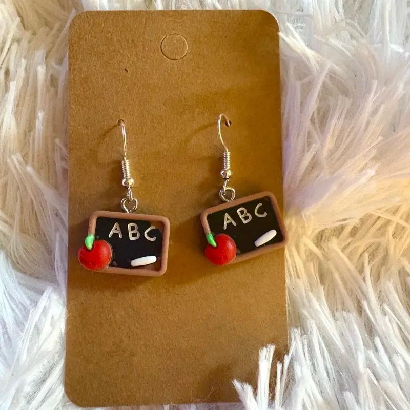 Chalkboard Apple Teacher School Hook Earrings GS - Fun ABC Design with Red Apple Charm for School Themed Accessories