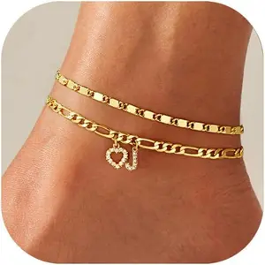 ZZHS Ankle Bracelets for Women,14K Gold Plated Initial Anklets Dainty Heart Letter Ankle Bracelets Layered Gold Anklets for Women Non Tarnish A to Z Summer Beach Jewelry