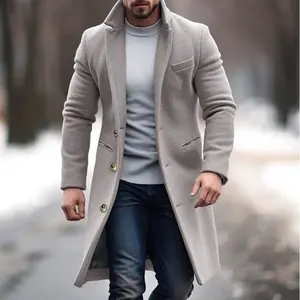 Men’s Wool Coat – Mid-Length Trench Coat, Slim Fit, Long Sleeves, Casual Minimalist British Style, All-Season, with Embedded Pocket Lines, Available in Gray, Khaki, and Black, Sizes S–XXXL