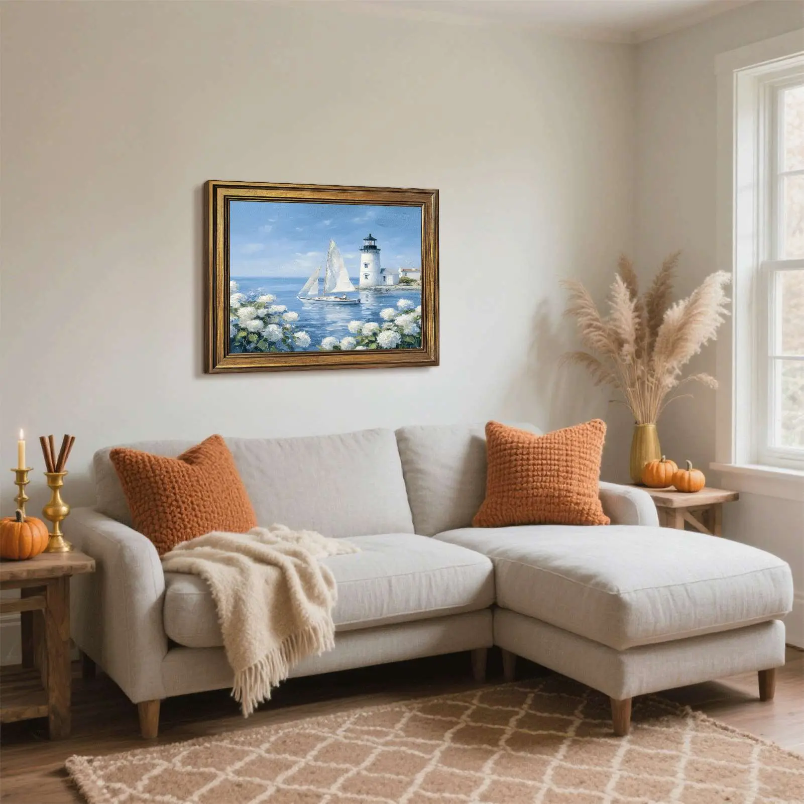 Stretched Nautical Canvas Wall Art - Eco-Friendly 24×36in/8×10in Framed Prints, Coastal Lighthouse, Boats, Hydrangea, Soft Blue Ocean Seascape, Black Gold Frame, Antique Artistic Paint for Sofa, Beach Cottage Home Decor Gift