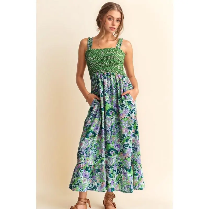 Davi & Dani Multi Smocked Bodice Geo Ruffle Strappy Midi Dress