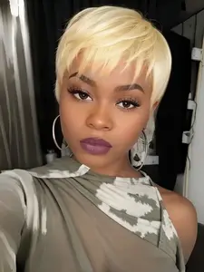 Short Straight Layered Pixie Cut Wig, 613 Blonde Glueless Human Hair Wig for Women