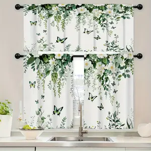 SoftHaven Home Made in USA 3 Piece Kitchen Curtain Set, Vintage Green Leaves White Floral Butterfly Print, Rod Pocket Design, Premium Polyester, Ideal Home Decor for Kitchen, Cafe & Living Room
