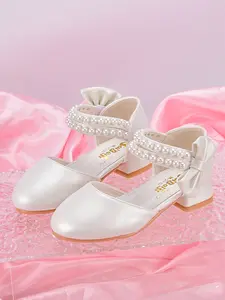 Girl princess shoes, suitable for girls to dress up as flower girl performance shoes, children's performance shoes, white high-heeled bow fashion runway shoes paired with formal dresses