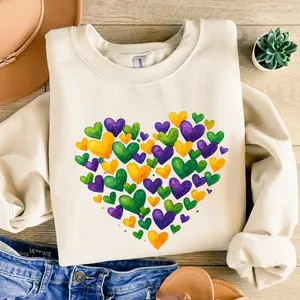 [Sale off up to 50%] Mardi Gras Sweatshirt, Cotton Colorful Hearts Womens Carnival Fat Tuesday Outfit, streetwear graphic tee