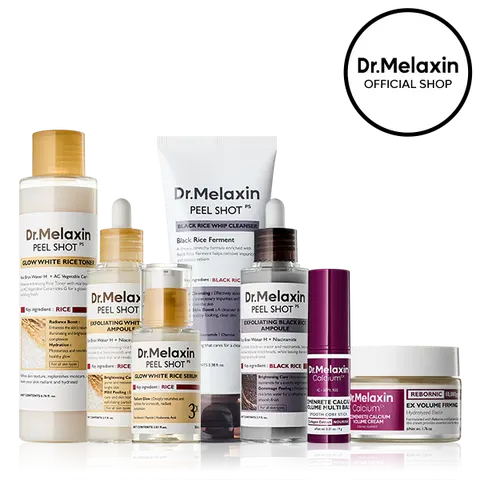[Dr.Melaxin Official] Glow Rice & Firming Full Routine, 7-Piece | Peel Shot Rice Cleanser, Toner, Serum & 2 Ampoules + Calcium Volume Cream & Multi Balm | Exfoliating Glow & Eye Firming Care | Korean Skincare