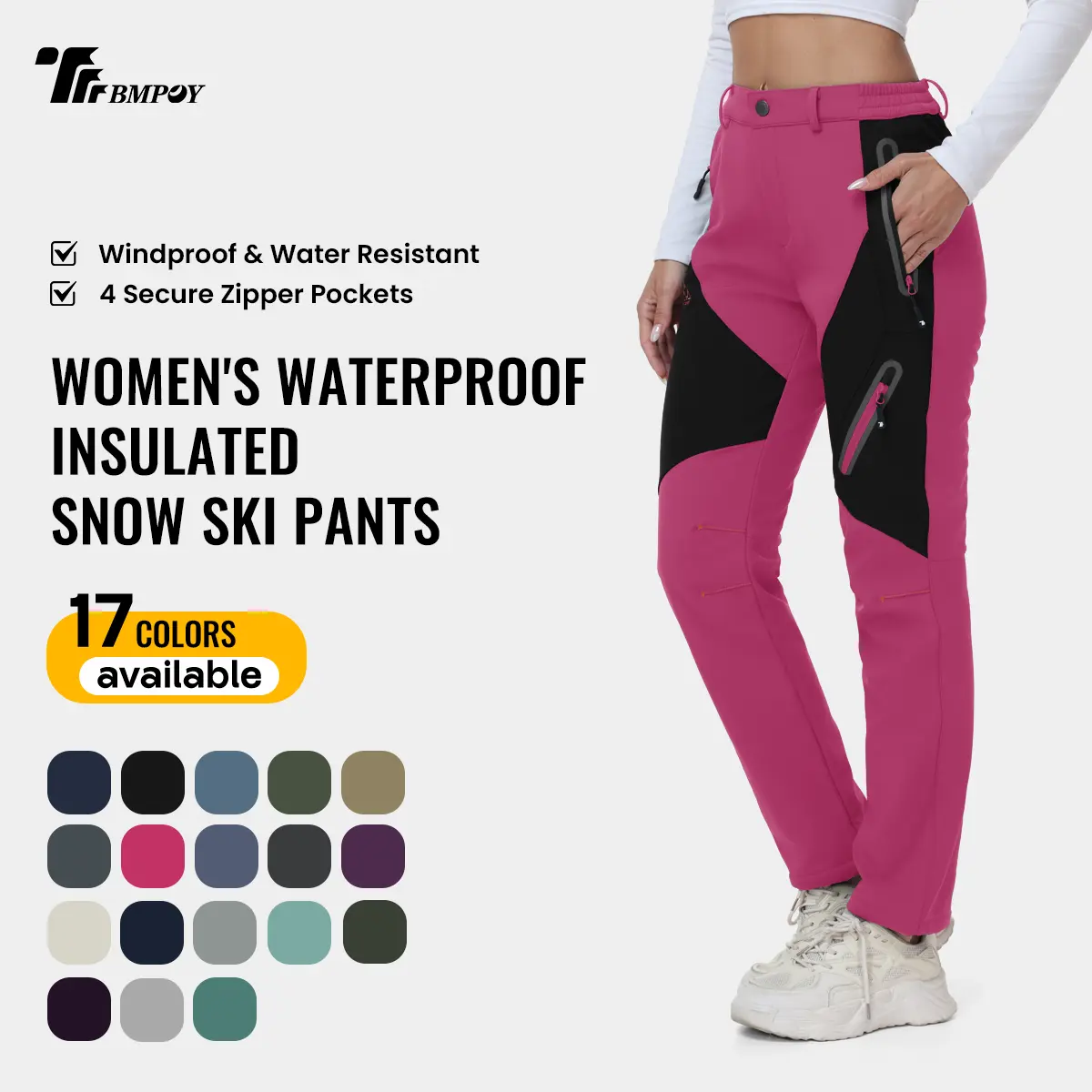 TBMPOY Women's Blend Waterproof Insulated Fleece-Lined Outdoor Sports Trousers - Mid Rise, Hook and Eye, Pockets for Skiing, Snowboarding (Father's Day Gift Option)