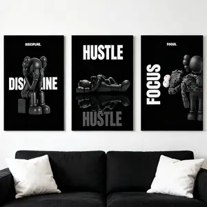 Set of 3 Black KAWS Motivational Canvas Prints, Hypebeast Wall Art Posters, Hustle Discipline Focus Streetwear Decor for Men