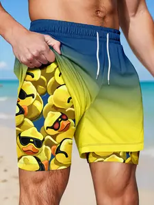 Men's Cool Duck Print 2-In-1 Compression Shorts, Gradient Color Quick-Dry Fitness Training Shorts, Fun Beach Style Casual Running Shorts