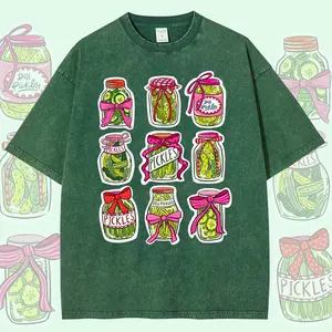 Vintage Washed Pickle Jar Print T-Shirt Unisex Casual Short Sleeve Tee for Travel Beach Trips and Daily Wear Funny Gift for Pickle Enthusiasts