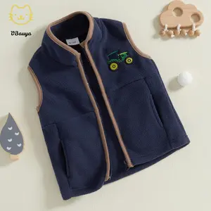 Boys Autumn Casual Vest Coat Sleeveless Stand Collar Zip Up Tractor Embroidery Fleece Vest Jacket