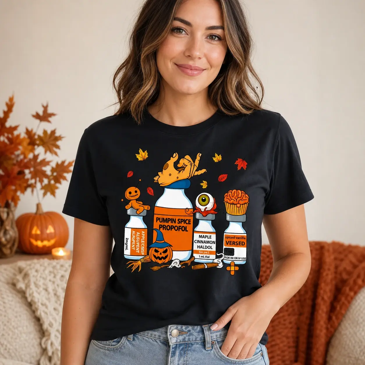 CRNA Halloween Pumpkin Spice Propofol Shirt, Anesthesia Nurse Anesthesiologist Fall Medical Tee, Spooky Syringe Vials Design - DPCLICK