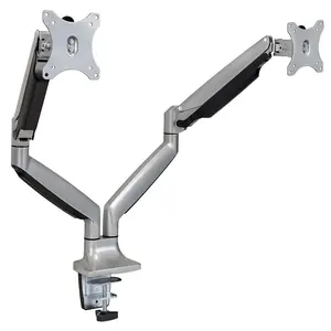 MOUNT-IT! MI-1772 Adjustable Dual LCD Computer Monitor Mount with Clamp Base, Dual Arms, Height Adjustment, Silver (Fits Up to 32 in. Screens)