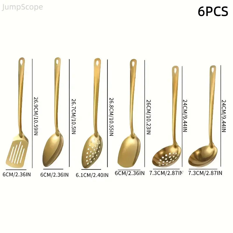 6-Piece Gold-Plated Stainless Steel Korean-Style Camp Kitchen Utensil Set - Cooking Spoon, Slotted Turner, Strainer Ladle, Serving Tongs - Sleek Design, Practical Features, Versatile and Practical, Luxury Gift for Camping Banquets