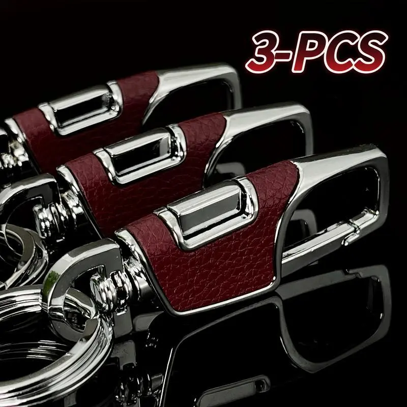 3-Pack Heavy Duty Metal Construction Keychain with Detachable Stainless Steel Key Rings & PU Leather, Car Key Accessory, Gift for Men, Automotive Travel Essential