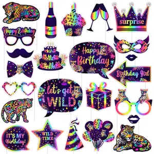 1Set Cheetah Birthday Party Decorations 24pcs Rainbow Cheetah Jungle Safari Photo Booth Props Cheetah Birthday Neon Rainbow Leopard Birthday Decor for Safari Leopard Forest Themed Birthday Party