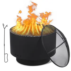26 inch Fire Pit, Outdoor Smokeless Fire Pits for Wood Burning, Mesh Lid, Cooking Grate, Cover, Portable Patio Bonfire Pit for Outside BBQ, Yard, Garden, Camping