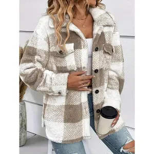 【Plus Size】 Women's Plaid Print Button Front Drop Shoulder Fleece Jacket, Casual Long Sleeve Pocket Design Collared Plush Outerwear for Winter, Ladies Clothes for Daily Wear