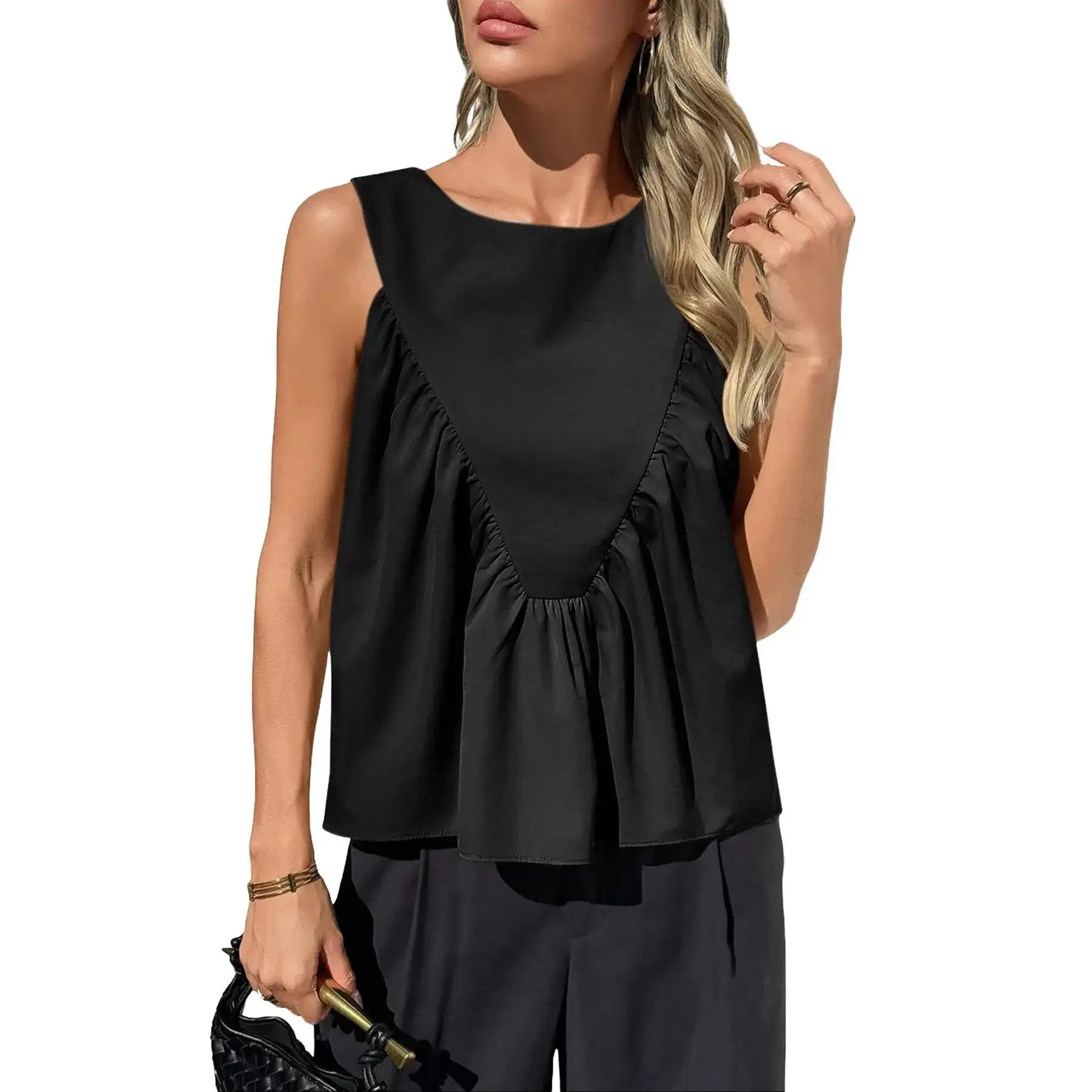Renaishow Women's Peplum Tank Tops - Airy Sleeveless, Easy Loose Fit, Fitted Round Neck, Shirred Flowy, Jeans-Skirt Ready Summer Casual T-Shirts