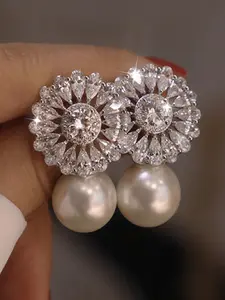 Elegant Synthetic Zircon Earrings with Faux Pearls, Women's Fashion Jewelry Gift for Holidays, Stylish Accessory Pair