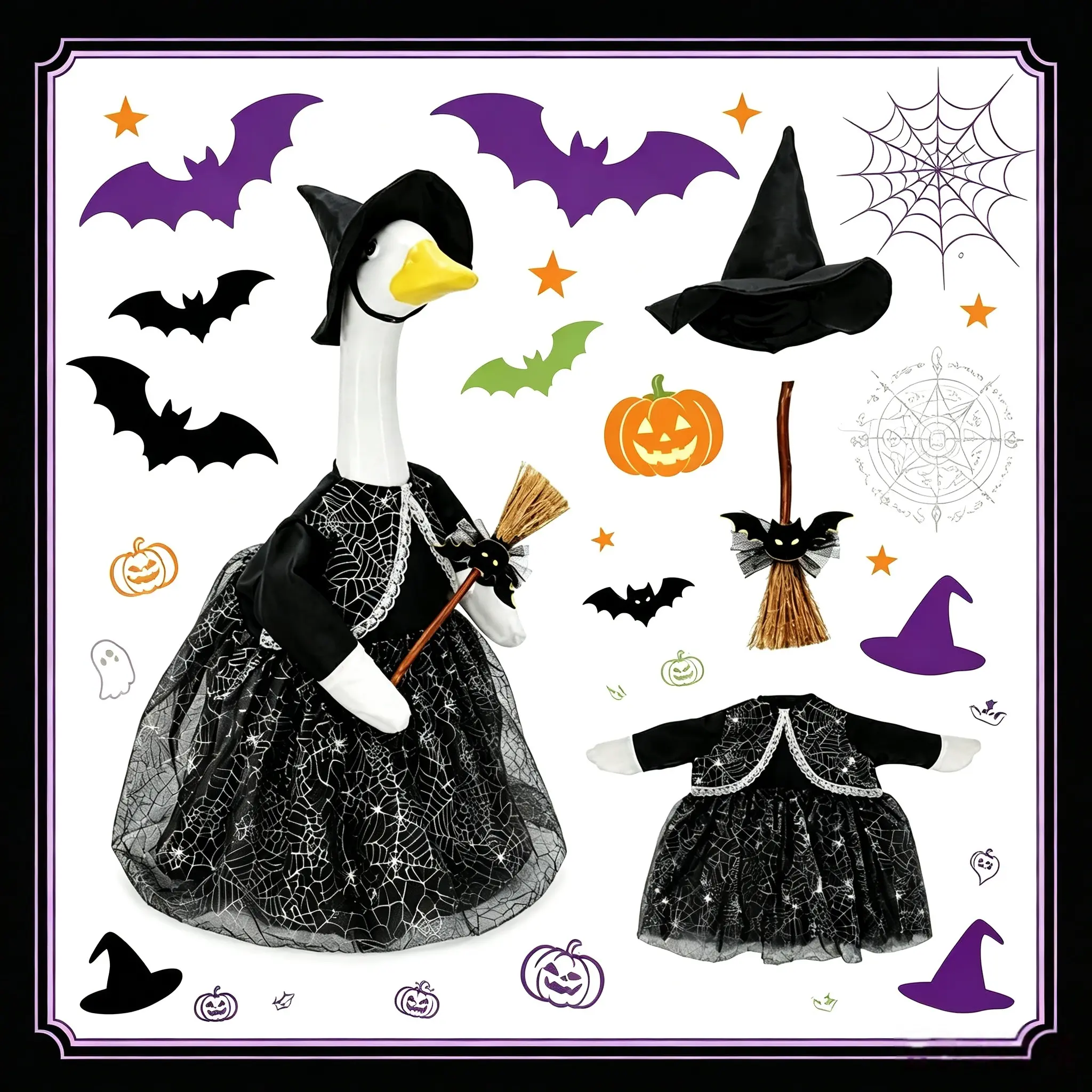 23 Inch Goose Halloween Witch Costume Set, Spider‑Web Tulle Dress, Witch Hat & Mini Broom, Outdoor Yard Patio Porch Goose Outfit Holiday Decor