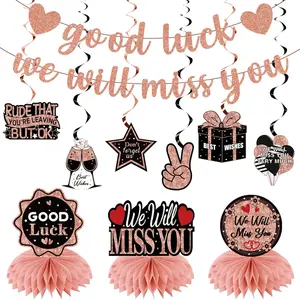 Farewell Party Decor Set – Includes Banner, Table Centerpieces, and Hanging Swirls in Black and Rose Gold Perfect for Goodbye or Retirement Events