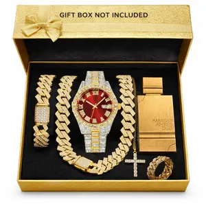 Men's Gold Iced Out Gift Set | Red Dial Watch, Cuban Necklace & Bracelet, Cross Pendant, Ring + Amber Oud Perfume, Hip Hop Jewelry Bundle for Him
