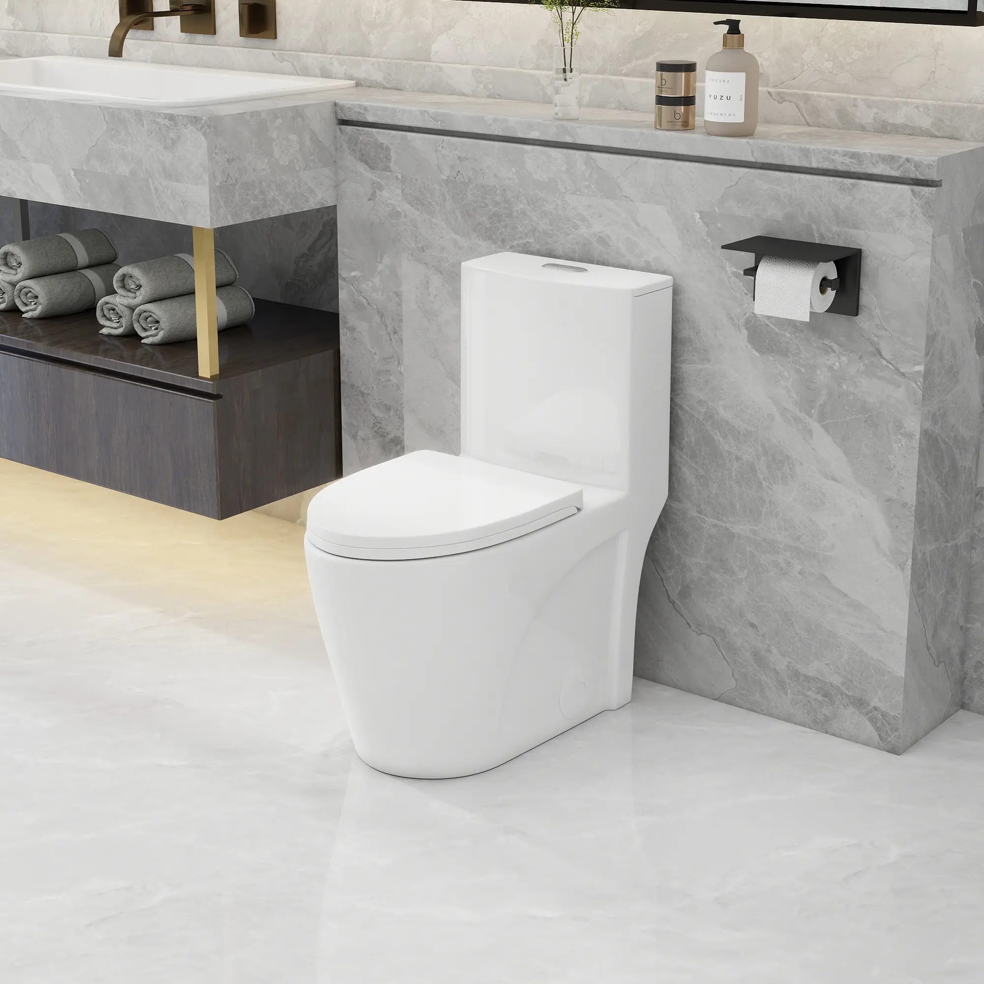 Compact Elongated One-Piece glossy white Toilet, 17"ADA Comfort Height, WaterSense Dual Cyclone Flush 1.1/1.6 GPF, 12" S-Trap, Quiet Soft-Close Seat