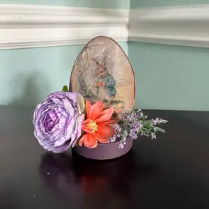 5”x 7” Wood Easter Egg/Wood Base/ Decoupaged Bunny Picture and Artificial Flowers