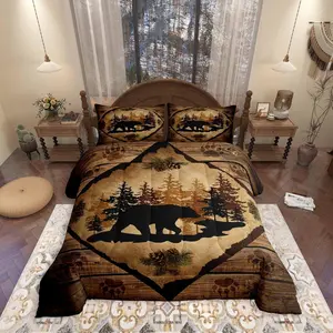 Lodge Cabin Bedding Set,Bear Wild Animal Silhouette Print Comforter Set for Kids Teens Adults,Jungle Pine Trees Brown Wooden Stripes Rustic Comforter Duvet Set