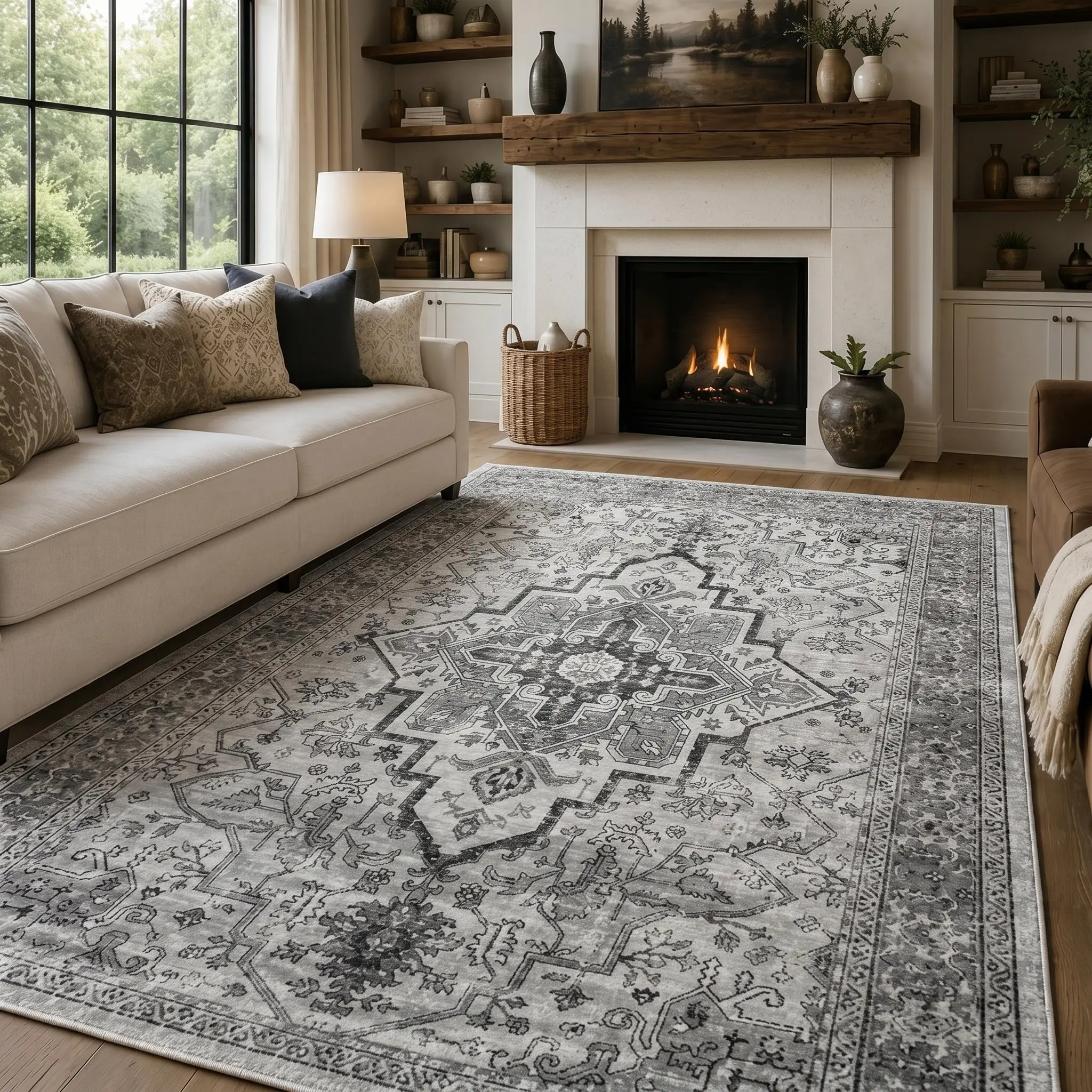 YIHOUSE Boho Area Rug - Fully Washable, Neutral Vintage Retro Low-Profile Carpet, Stable Non-Slip Base, Stain-Resistant Pet-Safe Floor Mat for House Decor, Funky Home Decor, Rugs for Bedroom, Apartment Stuff
