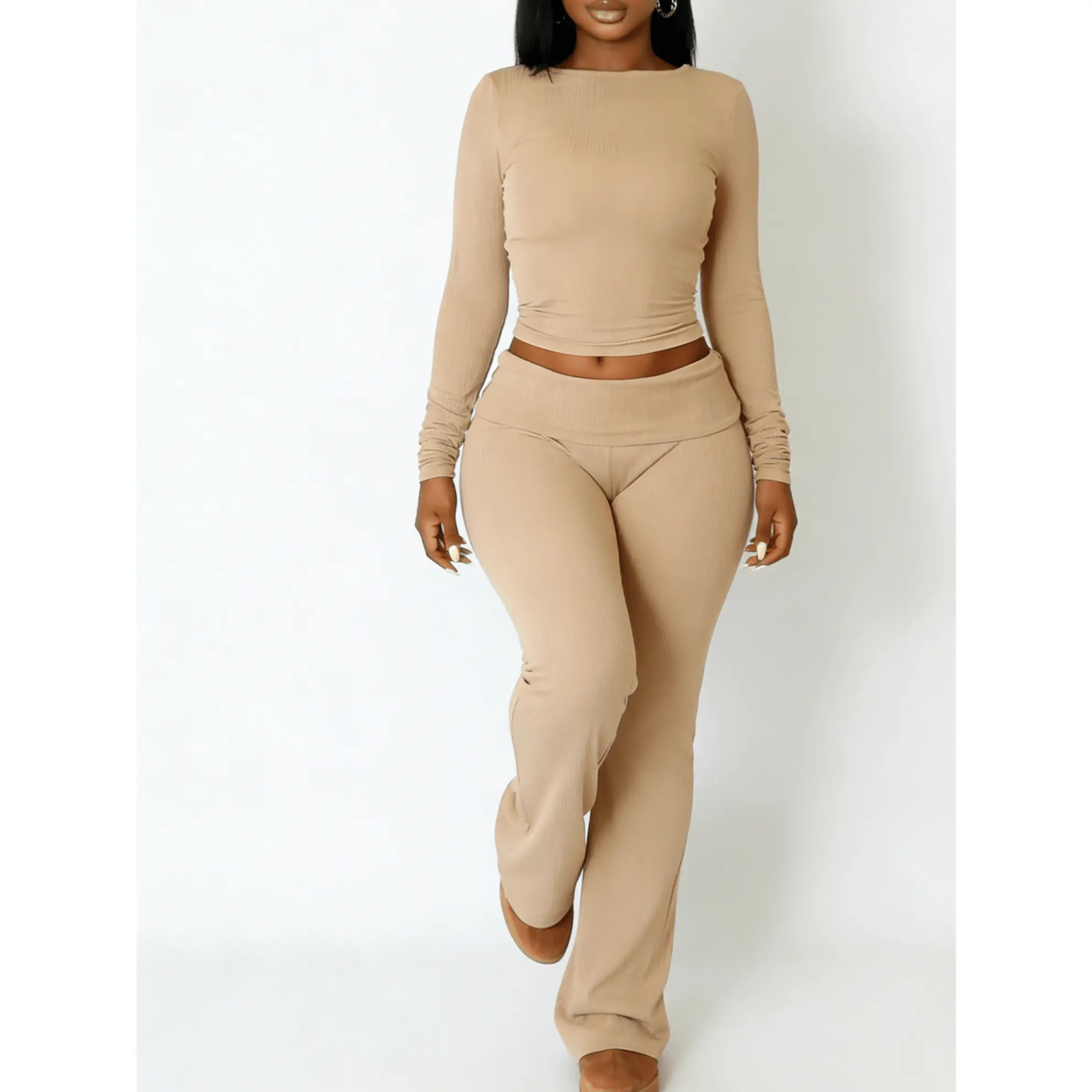 Women's Ribbed Two Piece Pants Set, Beige Long Sleeve Cropped Top and Flare Pants Fitted Casual Outfit