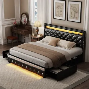 California King LED Bed Frame with 2 Storage Drawers, Crystal Tufted Upholstered Headboard, No Box Spring Needed – Black/White PU, Gray/Beige Velvet