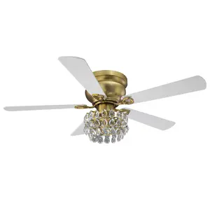 PARROT UNCLE 48" Soft Brass Flush Mount Hugger Ceiling Fan with Light Kit Classic Appearance Design Unique Color Matching Crystal Pendant Noble And Magnificent