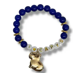 I Love Capys Capybara Inspired Bracelet with Blue Beads and Gold Charm for Animal Lovers
