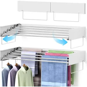 Wall Mounted Drying Rack, Laundry Clothes Drying Rack Foldable, Collapsible Hanger Clothing Wall with 2 Handles and Wall Template for Indoor Clothes, 5 Rods, 31.5 Inch