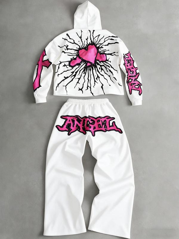 Tiktok Trendy Y2K Style Angel Hoodie & Long Pants Set, Unisex Fall Winter Fleece Sweatshirt, Streetwear Gothic, Couples Fashion Gift