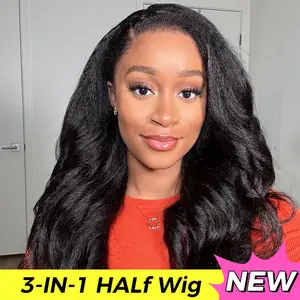 OQ HAIR Kinky Straight Half Wig Yaki Straight Wavy Easy Wear Go Wig No Glue With Drawstring Invisible Hairline Butterfly Cut Human Hair Glueless Wigs