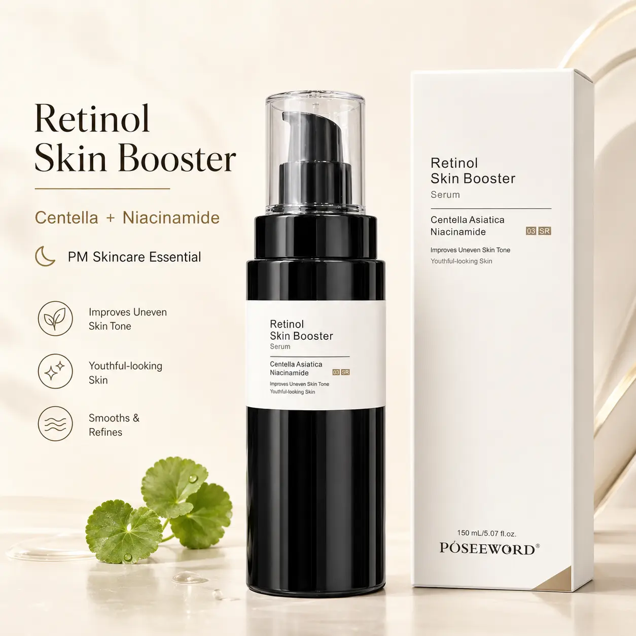 Retinol Skin Booster Serum with Centella Asiatica & Niacinamide, 150 mL / 5.07 fl oz, Hydrating Face Serum for Smooth-Looking Radiant Skin, Lightweight PM Skincare, Daily Facial Care