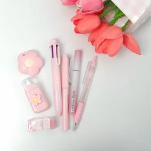 Cute Stationery Combo with 2/3 Pack Choices, 7 Pieces Each (Pen, Eraser, Multicolor Pen, Scraper, Correction Tape), Pink Purple Blue for Students