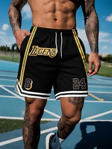 Men's Legend 8&24 Number Print Basketball Shorts, Casual Sport Drawstring Fitness Shorts, Loose-Fitting All Seasons, Graphic Fitness Shorts