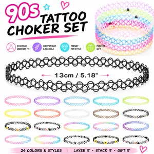 90s Tattoo Choker Set Rainbow Black Pink Purple Blue Flower Stretch Y2K Sparkling Elegant Lightweight Comfortable Versatile Retro Gift for Women Girls Daily Wear Special Occasion Perfect Accessory