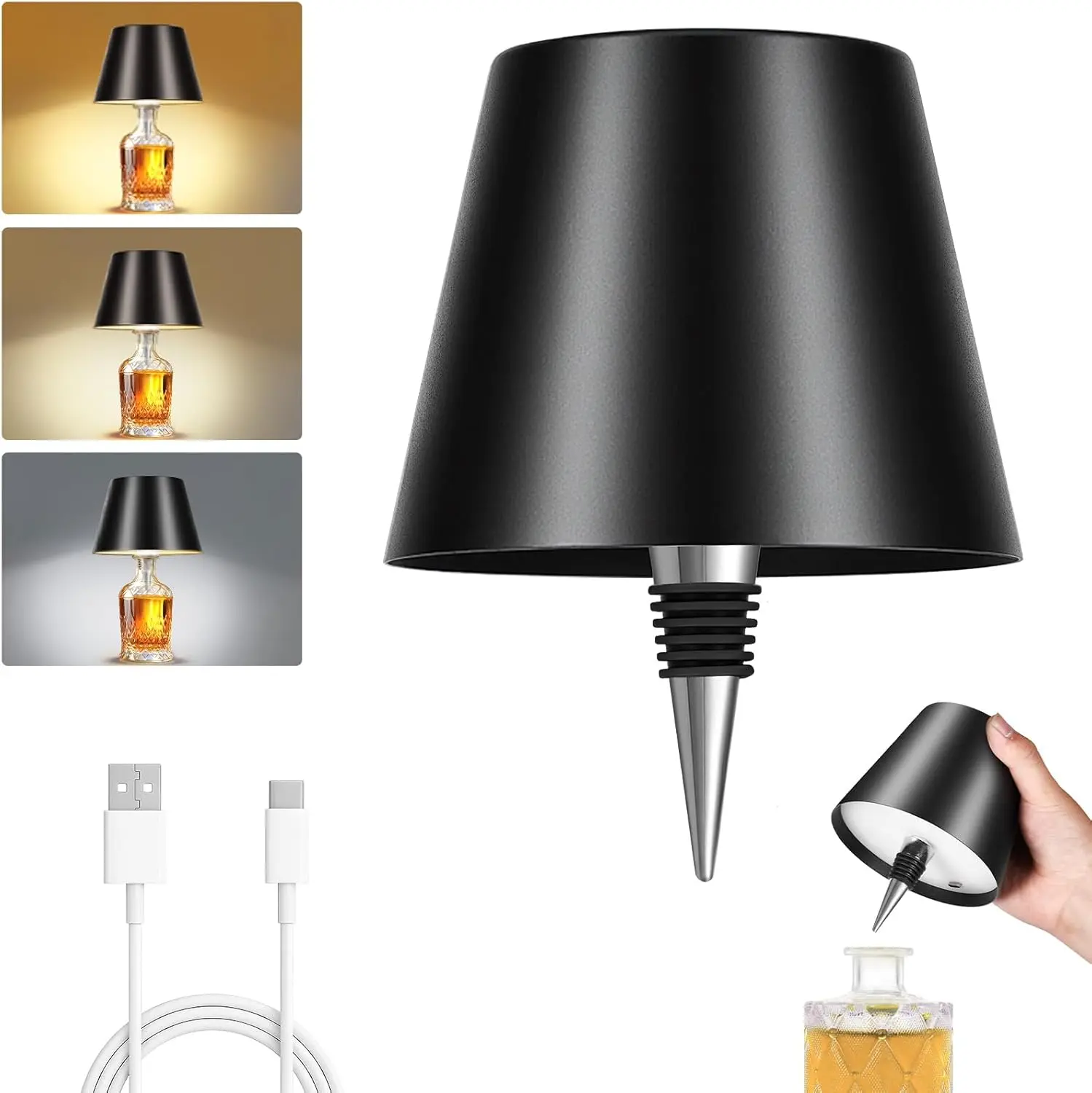 2026 New Wireless Bottle Lamp - LEDStock upBottle Lights for Liquor & Wine Bottles,Cordless Lampshade, Whiskey Bottle TopLight, Bottle Stopper Night Light Kit,Rechargeable 3-Tone Touch-Dimmable