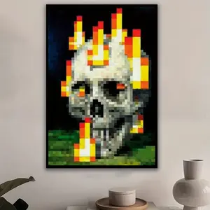 Vibrant Pixel Skull Flame Canvas Poster, Unframed Wall Art Modern Art Design for Classroom, Office, Living Room, Café, Indoor Decor, Canvas Wall Art